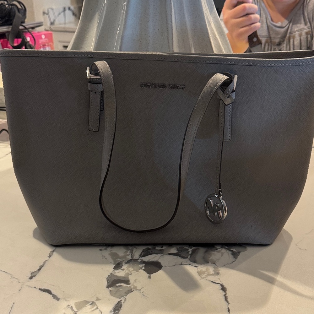 Michael Kors Gray Saffiano Leather Tote with MK Pendant